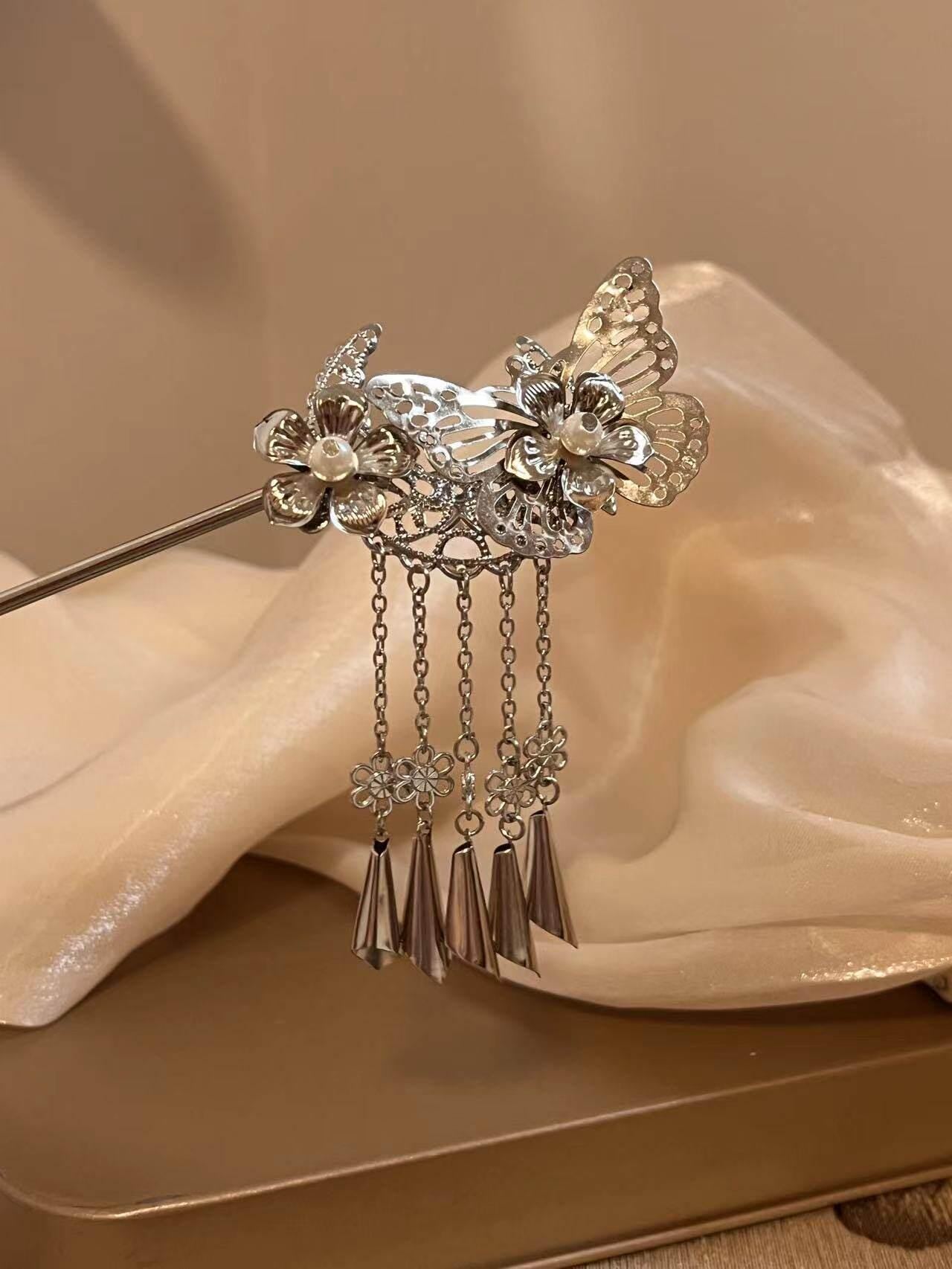 Handmade Boho Hair Stick Tassel Antique Silver