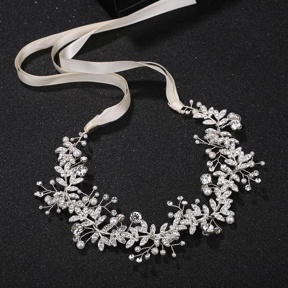Crystal Pearl Bridal Hair Vine Handmade
