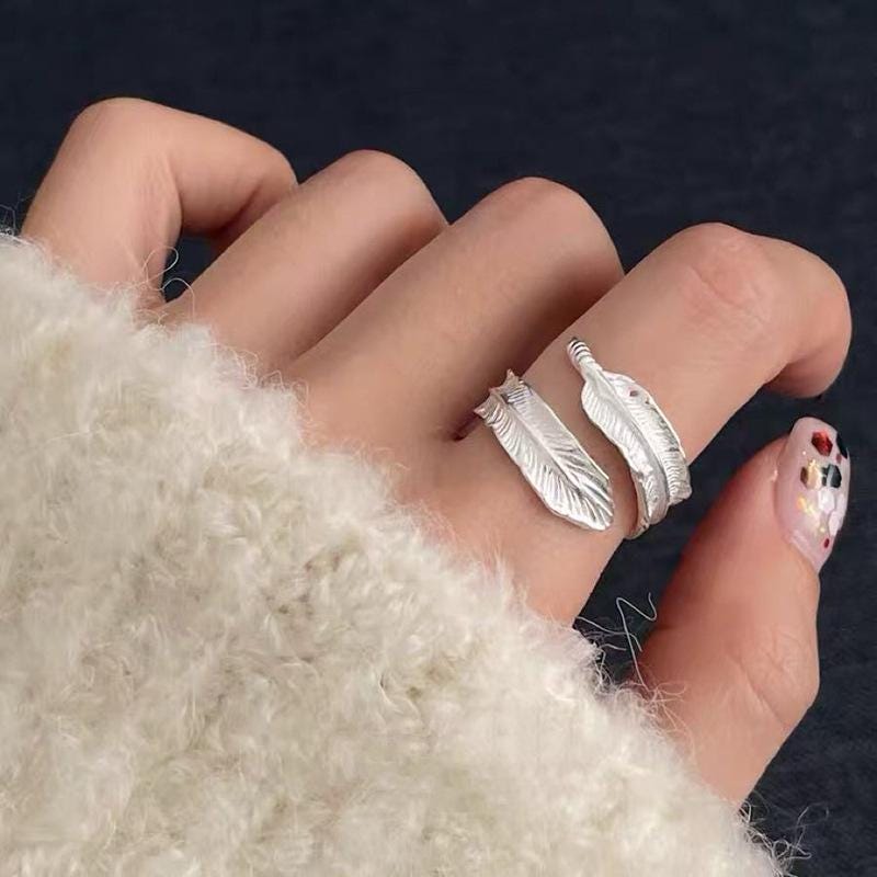 S925 Sterling Silver Adjustable Feather Ring