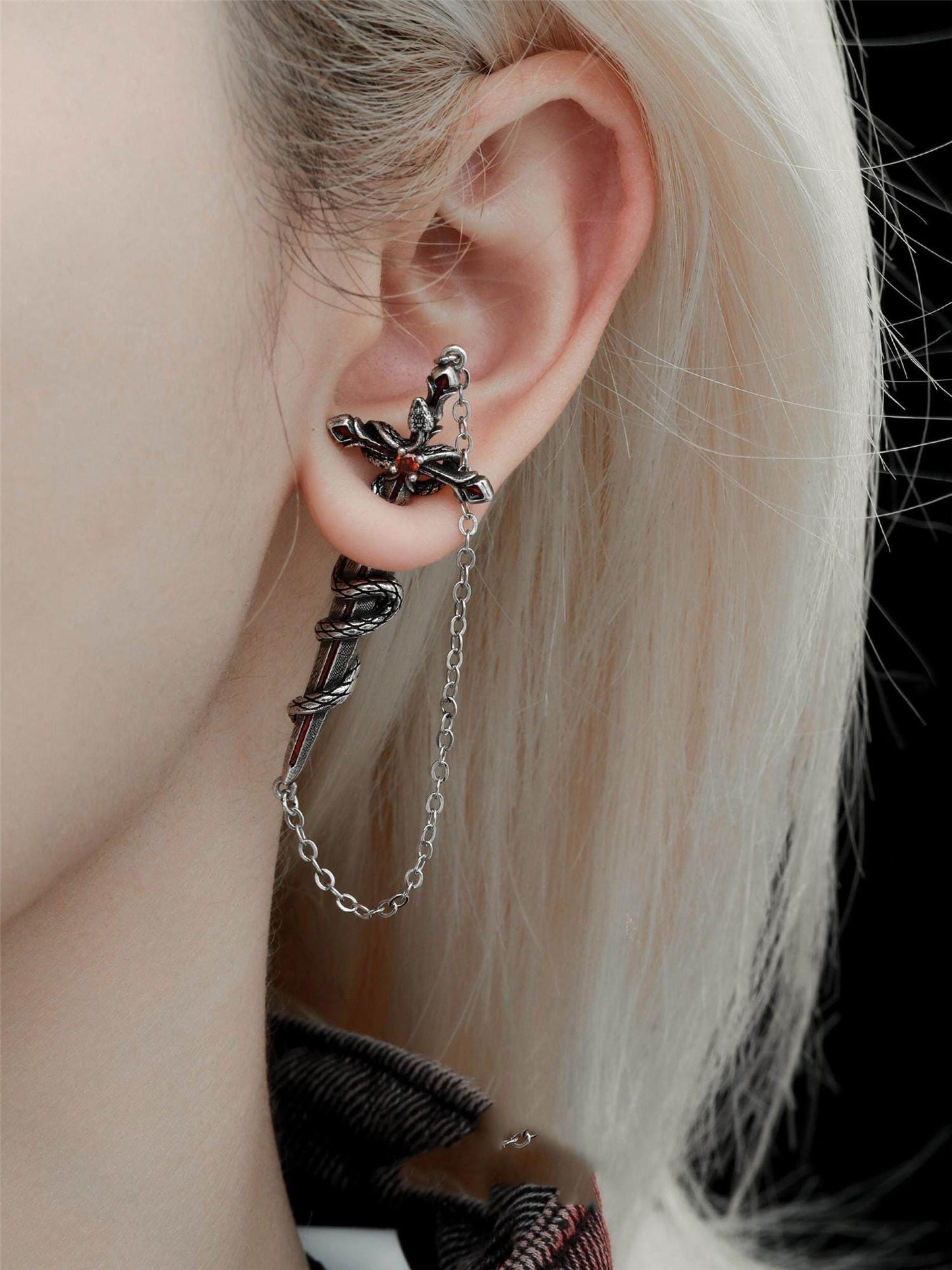 Gothic Winged Moon Chain Hoop Earring