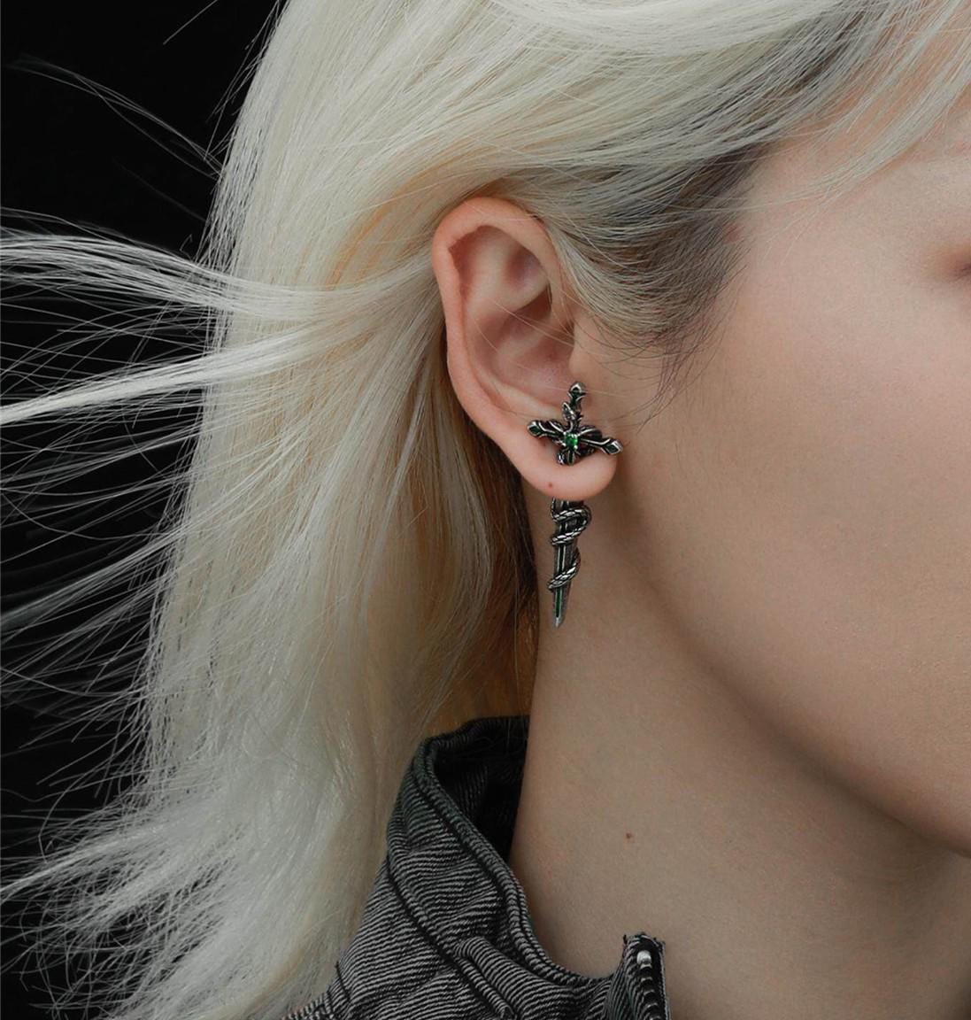 Gothic Winged Moon Chain Hoop Earring