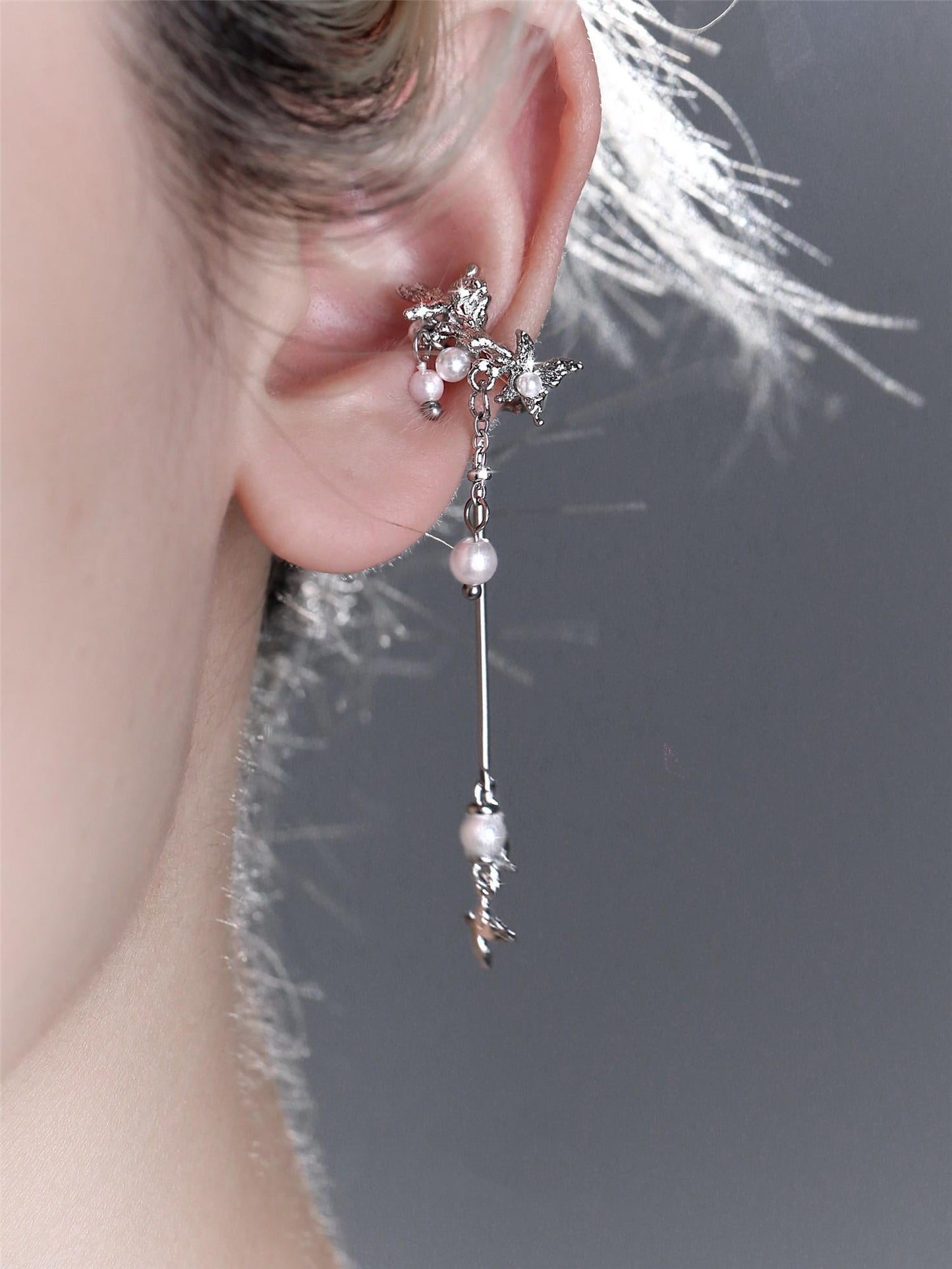 Gothic Winged Moon Chain Hoop Earring