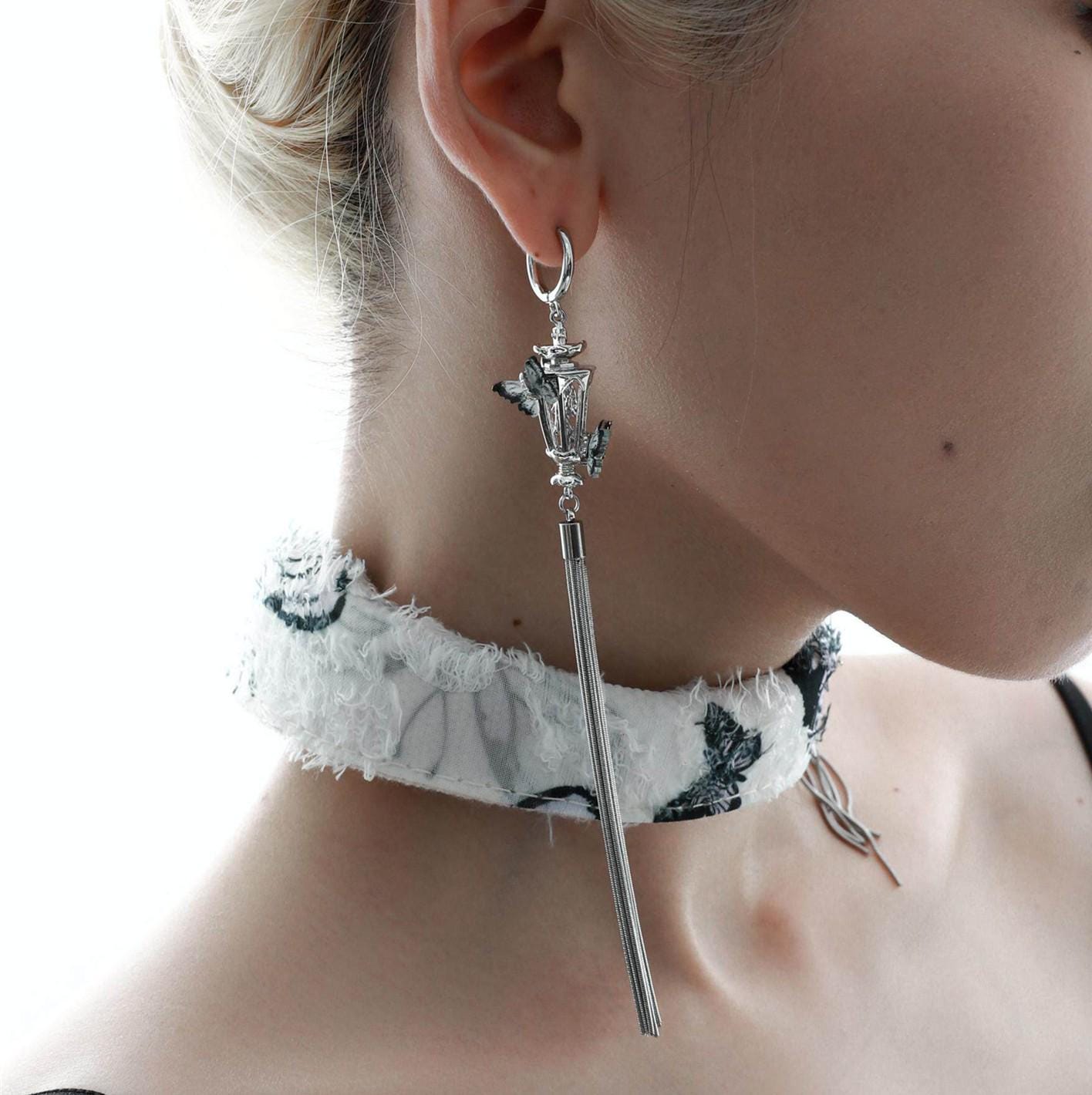 Gothic Winged Moon Chain Hoop Earring
