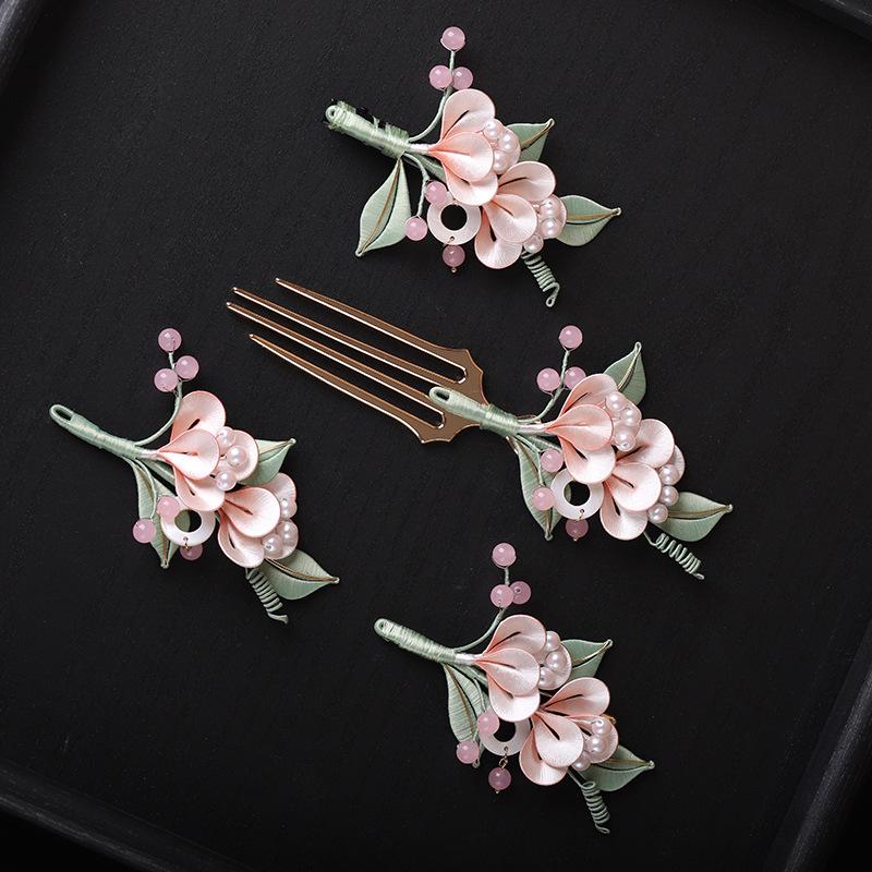 andmade Silk Flower Hair Accessory Pearls Hand Woven Leaves