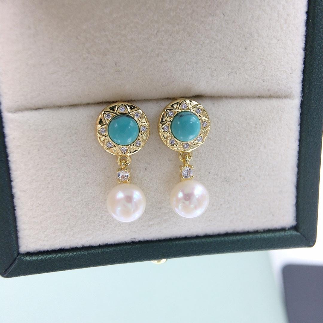 Handmade Turquoise Baroque Pearl Drop Earrings Vintage Gold Silver Bridal