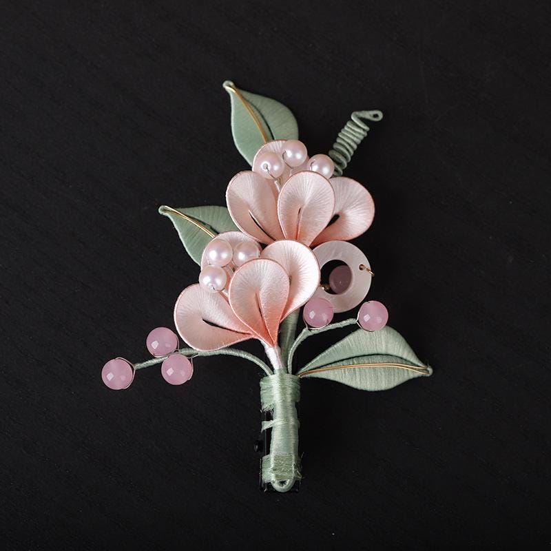 andmade Silk Flower Hair Accessory Pearls Hand Woven Leaves