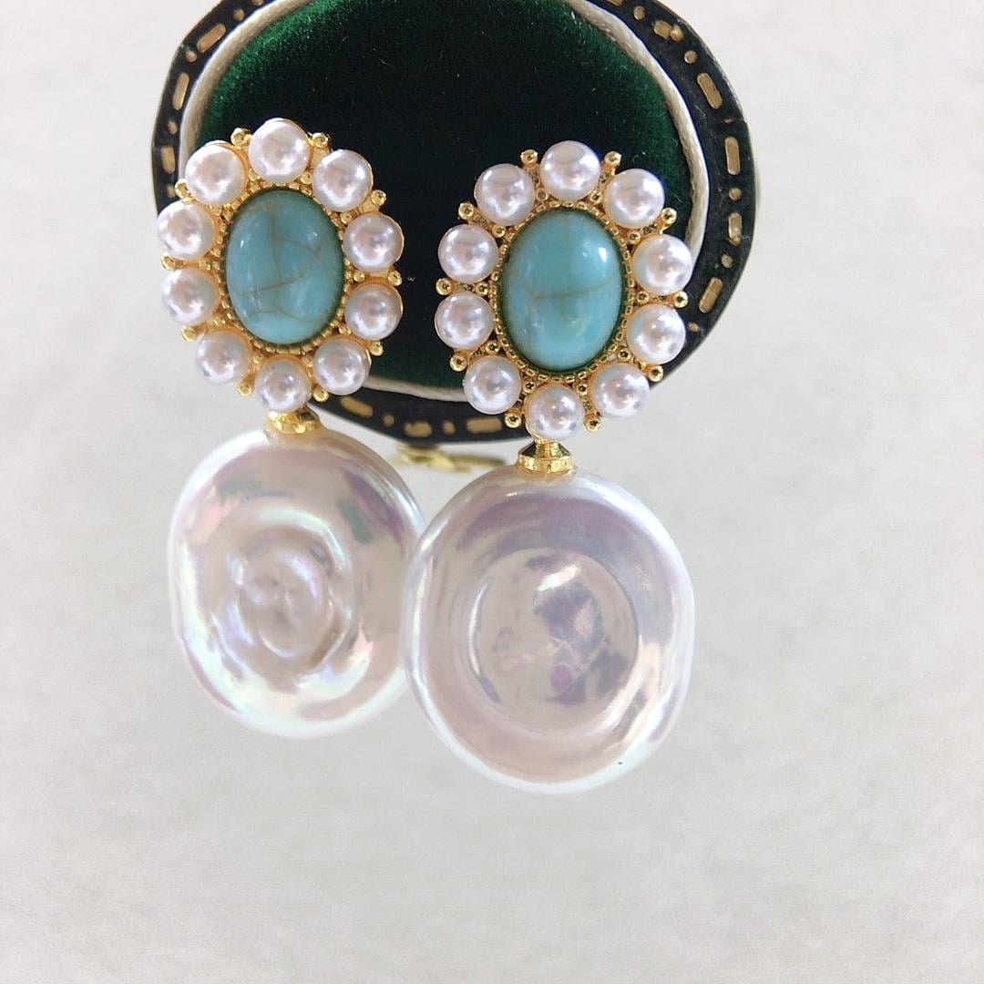 Handmade Turquoise Baroque Pearl Drop Earrings Vintage Gold Silver Bridal
