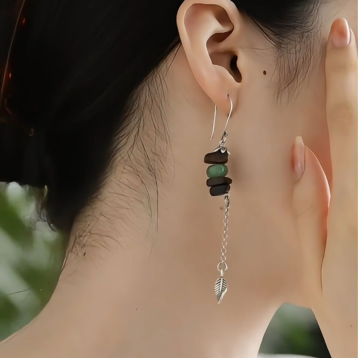 Asymmetrical Agarwood & Green Stone Leaf Drop Earrings