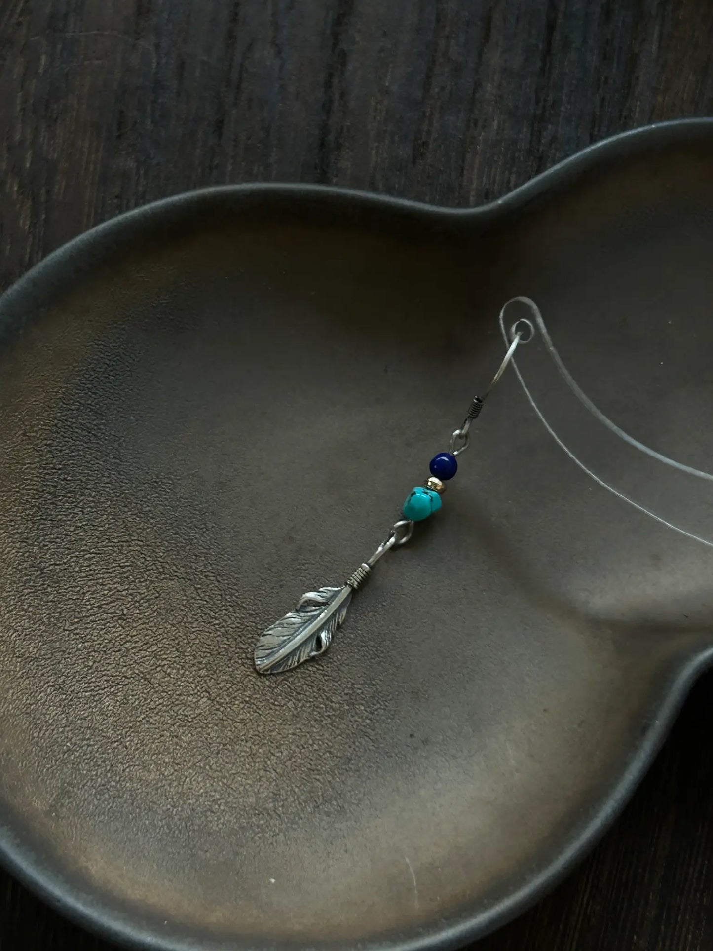 S925 Asymmetrical Feather Drop Earrings with Green Stone