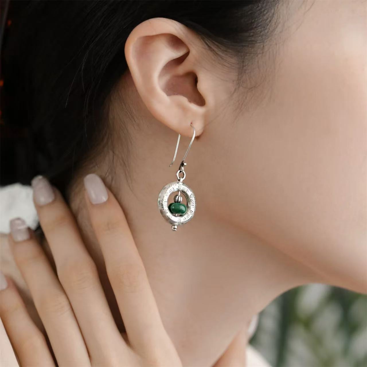 Asymmetrical Agarwood & Green Stone Leaf Drop Earrings