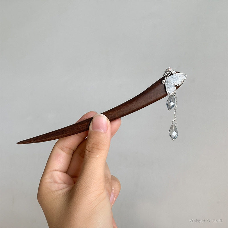 Crystal Butterfly Tassel Hairpin – Dark Wood Hair Stick with Dangle Charms