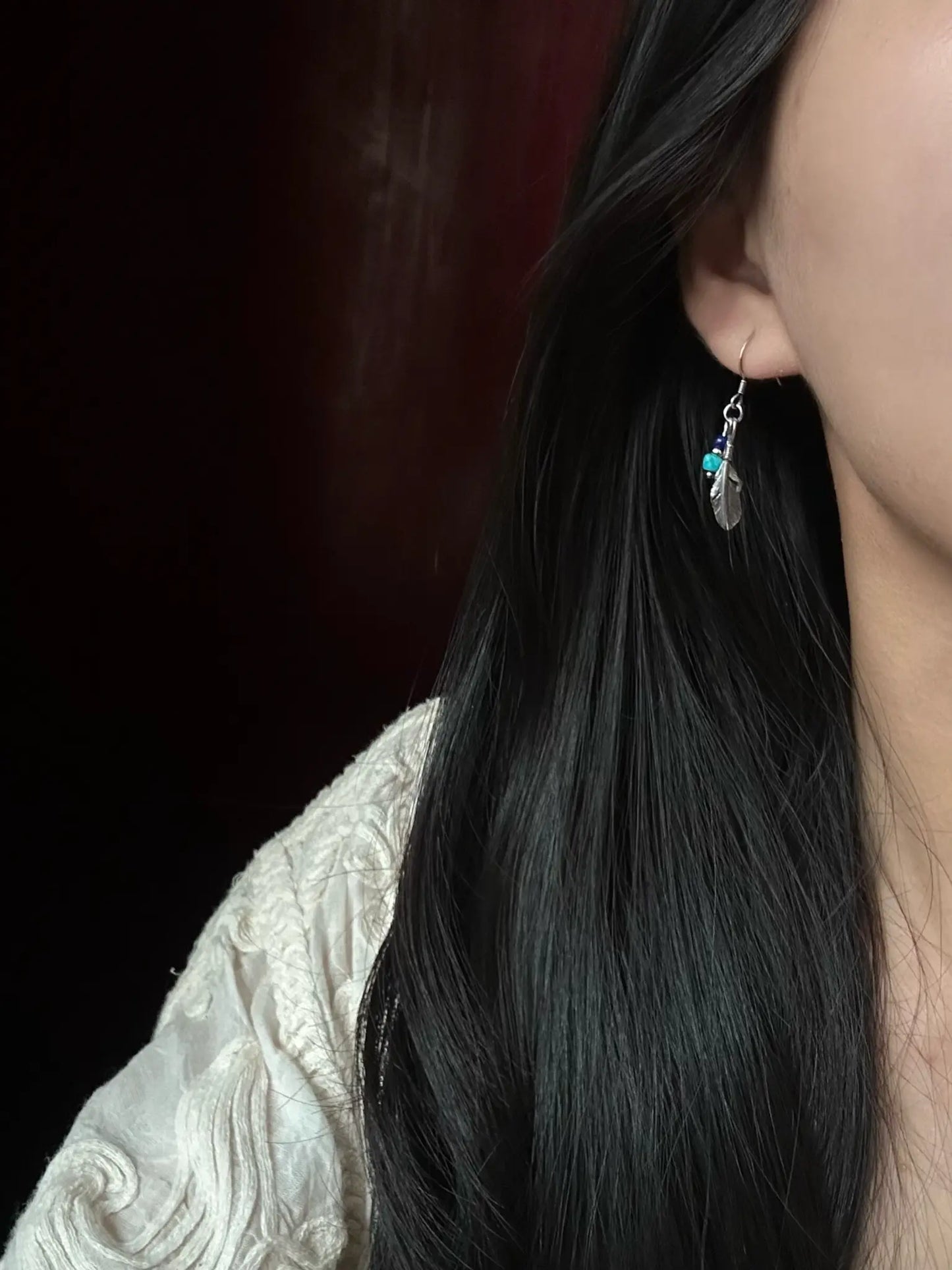 S925 Asymmetrical Feather Drop Earrings with Green Stone