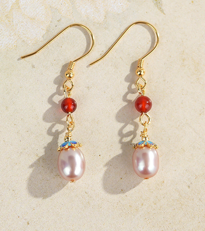 Red stone and pearl drops earrings, paired display
