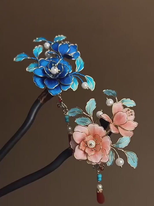 Handmade Floral Chan Hua Hairpins, Black Wood Silk Wrapped Peony Camellia Hairpin with Pearls & Red Agate