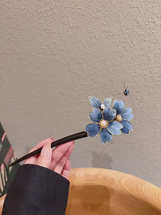 Handmade Navy Blue Flower Chan Hua Hair Accessories Set, Black Wood Silk Wrapped Hair Stick, U-Shaped Hair Fork & Hair Clip