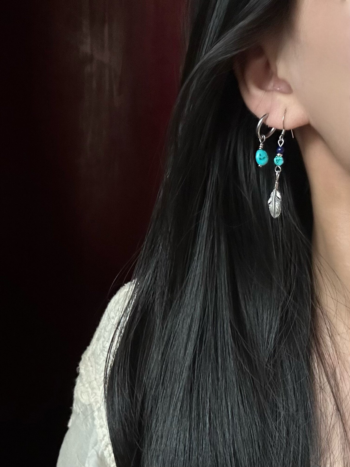 S925 Asymmetrical Feather Drop Earrings with Green Stone