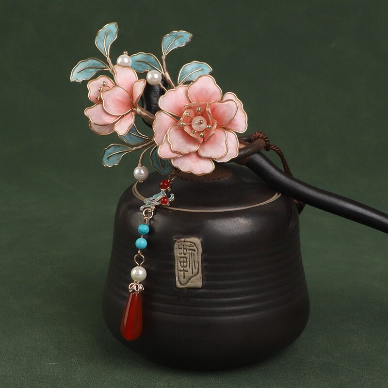 Handmade Floral Chan Hua Hairpins, Black Wood Silk Wrapped Peony Camellia Hairpin with Pearls & Red Agate