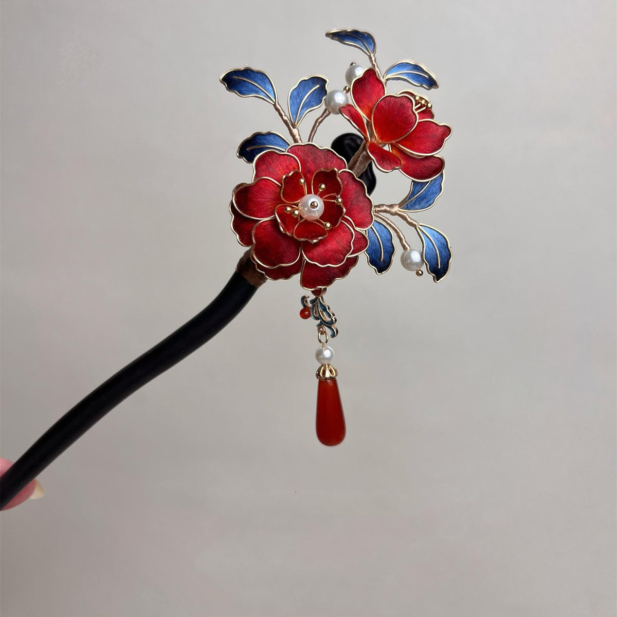 Handmade Floral Chan Hua Hairpins, Black Wood Silk Wrapped Peony Camellia Hairpin with Pearls & Red Agate