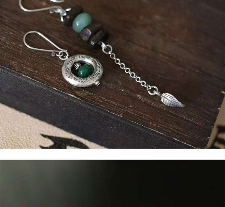 Asymmetrical Agarwood & Green Stone Leaf Drop Earrings