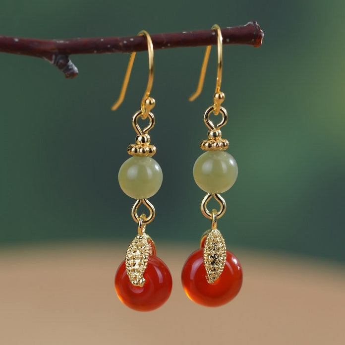 Red and green bead drops earrings, side profile