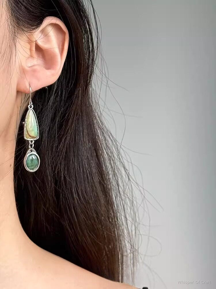 Green Natural Stone Asymmetrical Drop Earrings – Silver-Tone Statement Jewelry