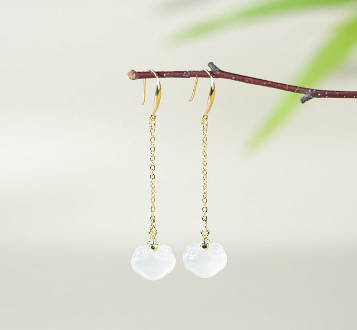 White stone ruyi drops earrings, worn styling view