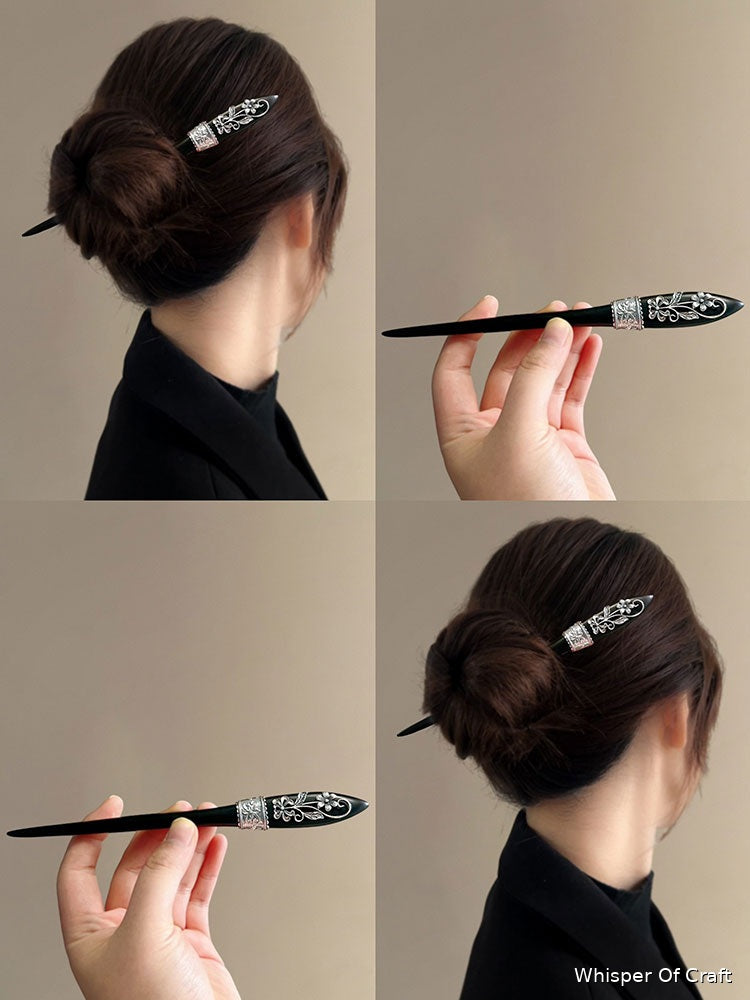 Black Floral Hair Stick with Silver Filigree – Elegant Vintage Hair Pin