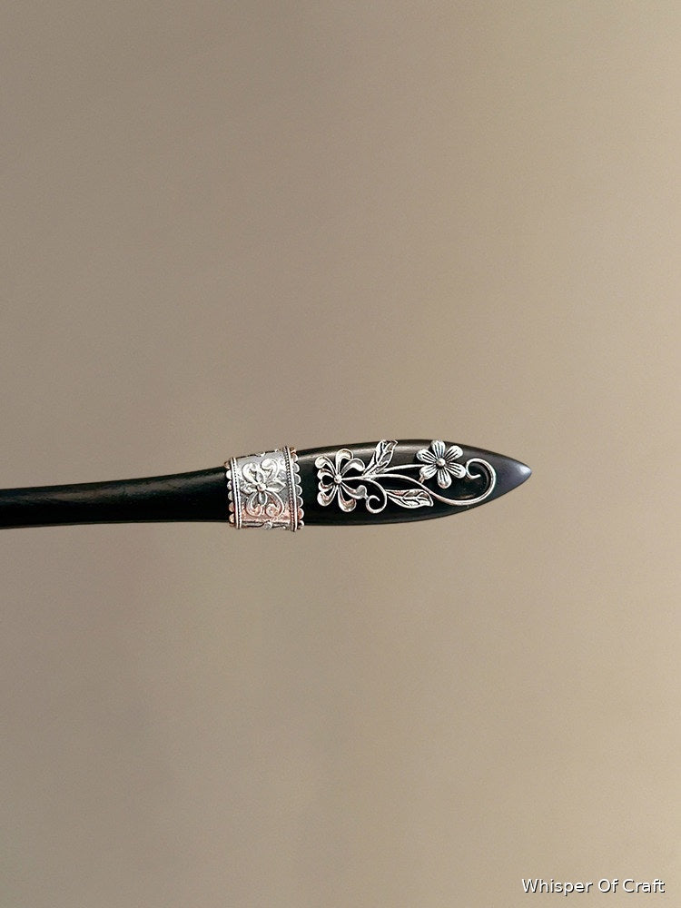 Black Floral Hair Stick with Silver Filigree – Elegant Vintage Hair Pin