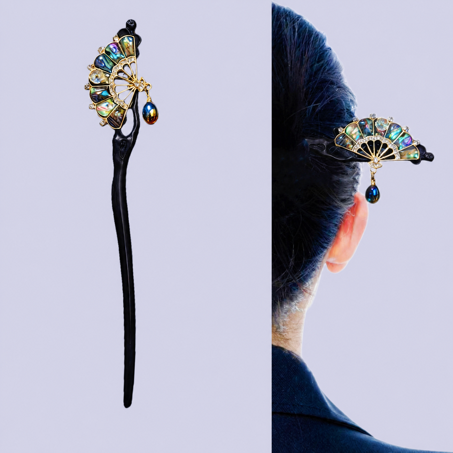 Iridescent Fan Hair Stick with Pendant
